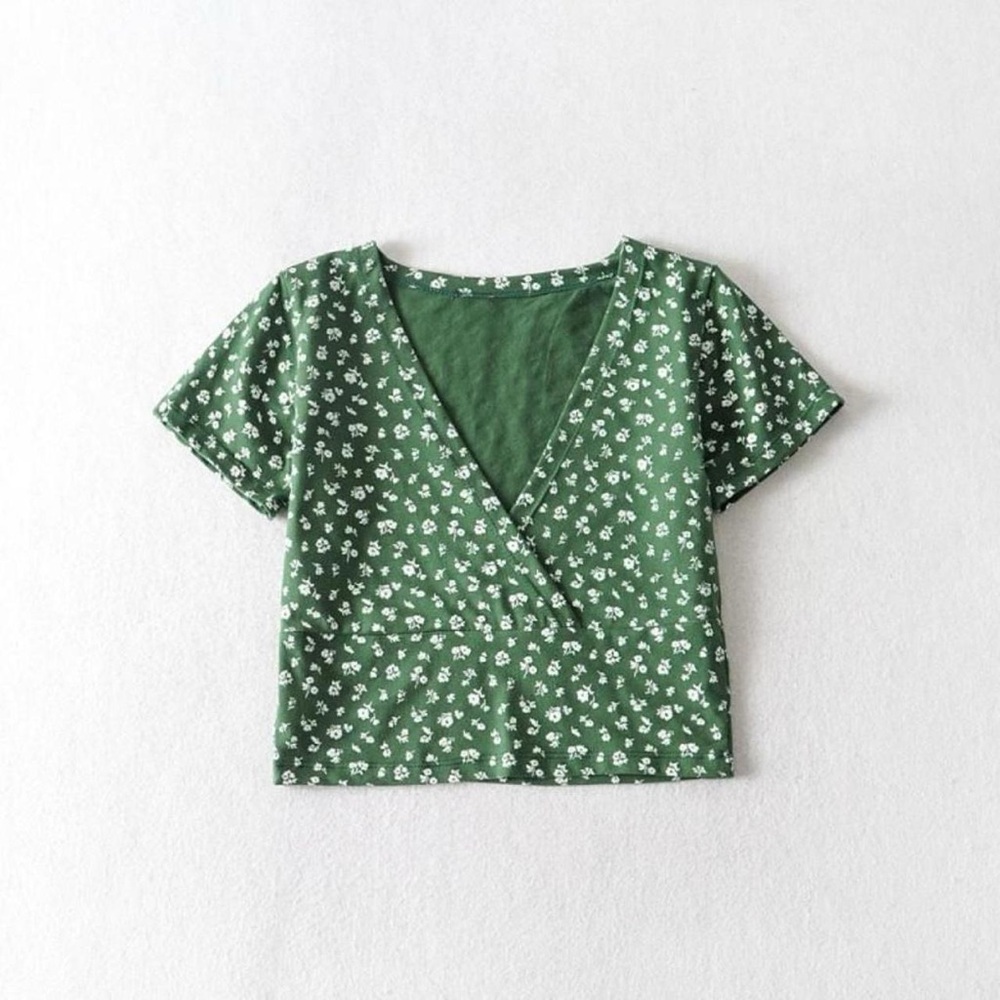 Brandy Melville Amara Top Green Floral Wrap Crop Tee